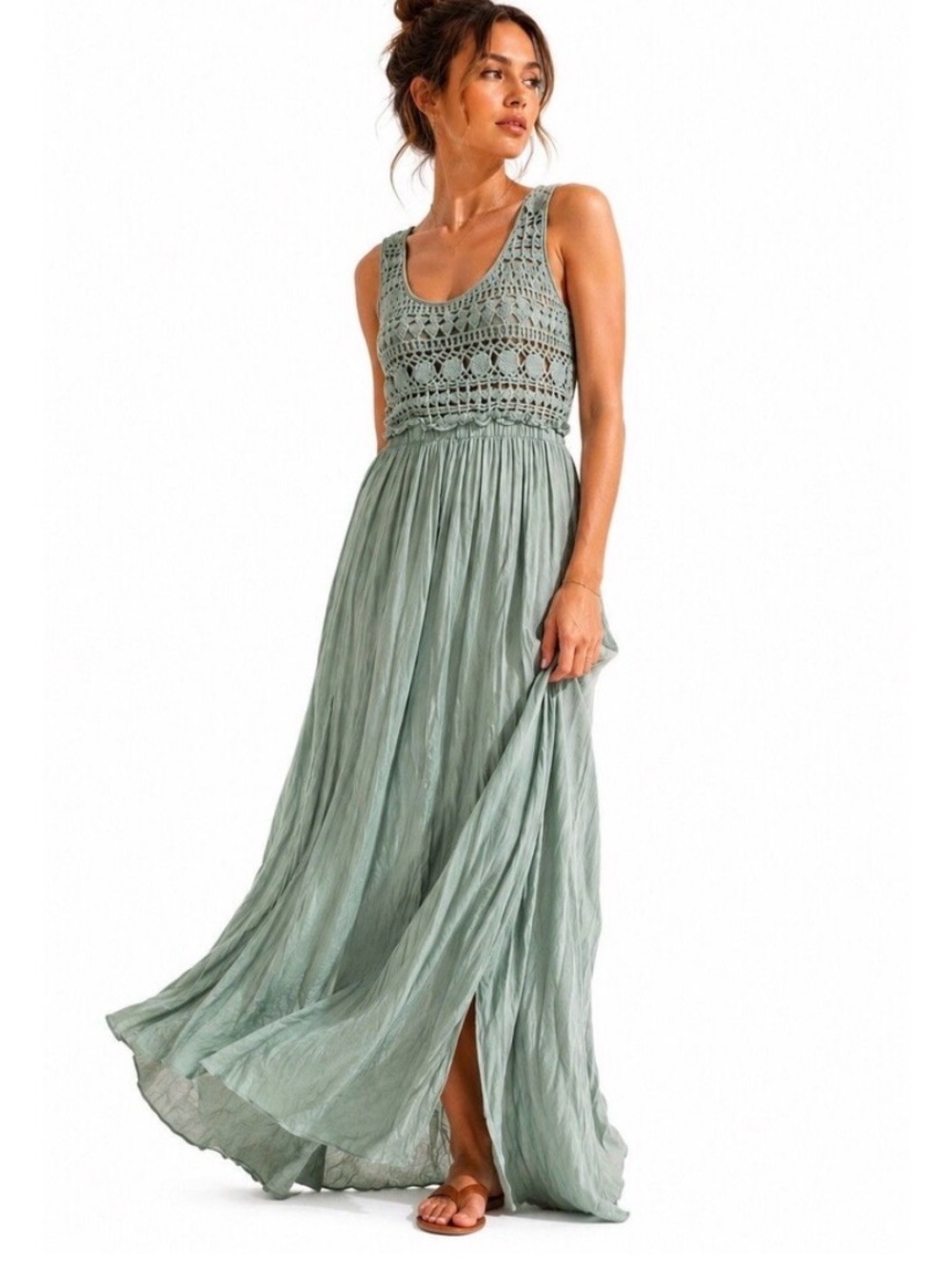 Wishlist Apparel Sage Green Maxi Dress With Crochet Top, Size M, NWT